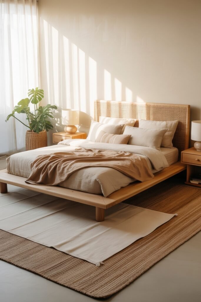 Earthy Bedroom Ideas: 12 Essential Ways to Elevate Your Space 15 Tranquil space with low-profile wood bed, neutral bedding, soft brown accents, and gentle sunlight filtering through sheer curtains for a peaceful, earthy vibe.