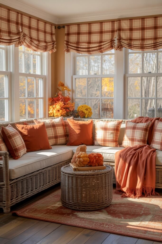 Cozy Fall Sunroom Ideas: Autumn Decor for a Warm Retreat 15 Fall sunroom idea featuring a wicker sectional with plaid and solid pillows, fall-themed decor, and a red patterned rug.
