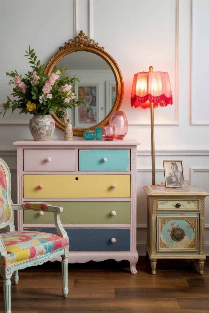 First Apartment Checklist: Essential Tips You’ll Love 14 Colorful, eclectic corner featuring a pastel rainbow dresser, ornate gold mirror, vintage lamp, floral chair, and decorative glassware—highlighting personal style in First Apartment Planning.
