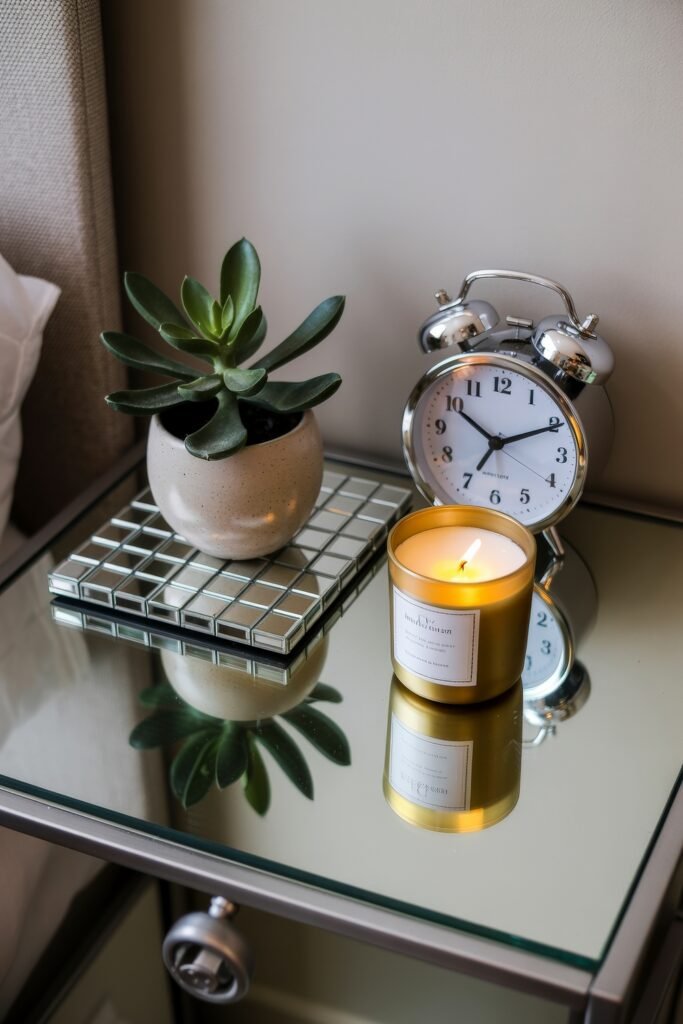 Glam Bedroom Décor: Essential Tips for Luxe Sleep 14 Modern mirrored nightstand featuring a potted succulent, classic silver alarm clock, and a golden candle, creating a stylish and serene atmosphere.