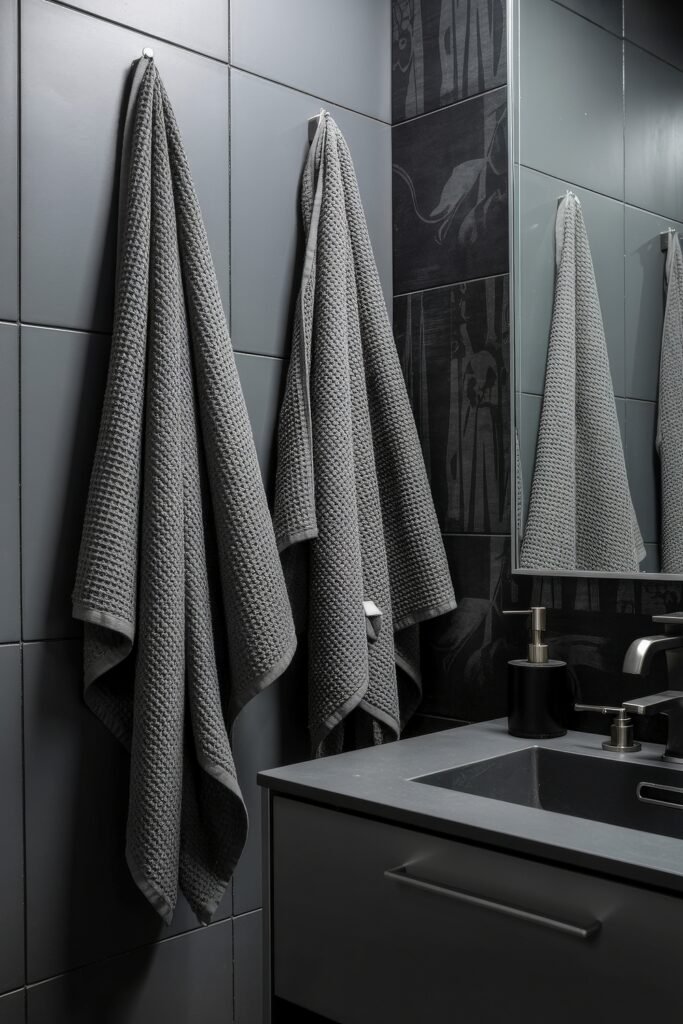 Gothic Bathroom Ideas: Genius Touches for Moody Glam 17 Modern bathroom with sleek gray tile walls and matching vanity, featuring textured charcoal towels hanging beside the mirror, conveying a subtle Dark & Moody Bathroom Theme.