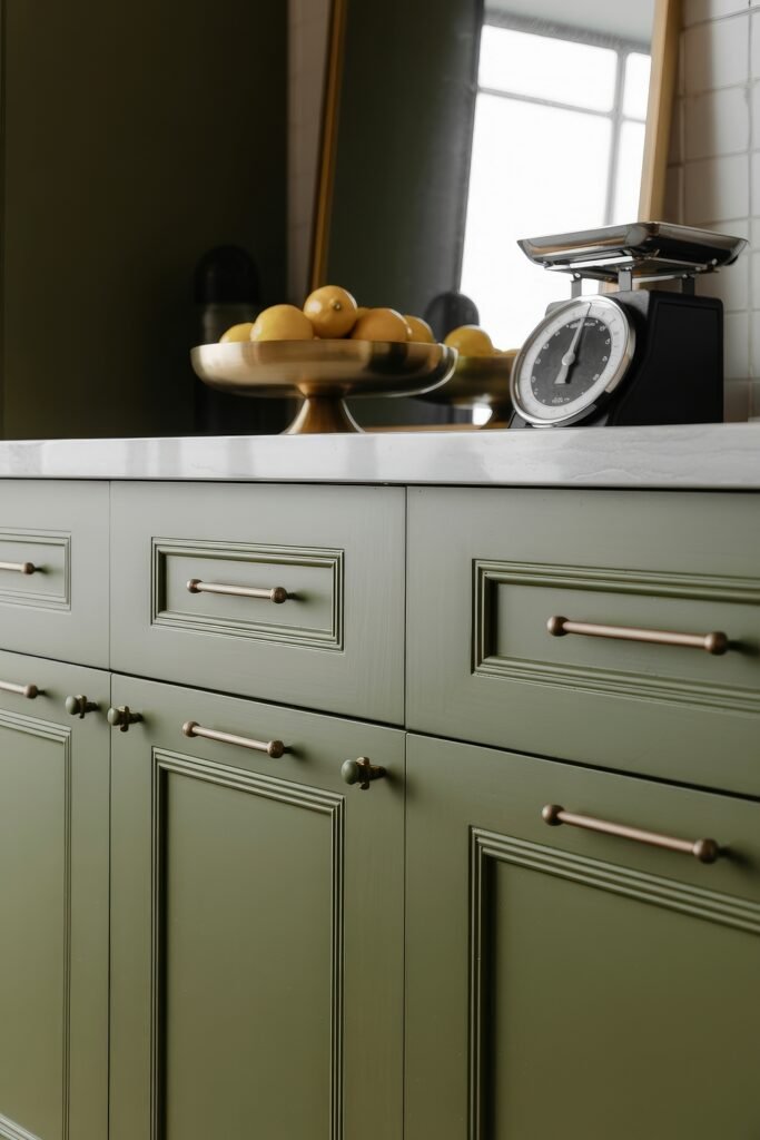 Green Kitchen Cabinets: Stylish Ways to Elevate Style 17 Traditional kitchen design with muted olive green cabinets, classic drawer detailing, and a white marble countertop, styled with a brass fruit bowl and vintage kitchen scale.