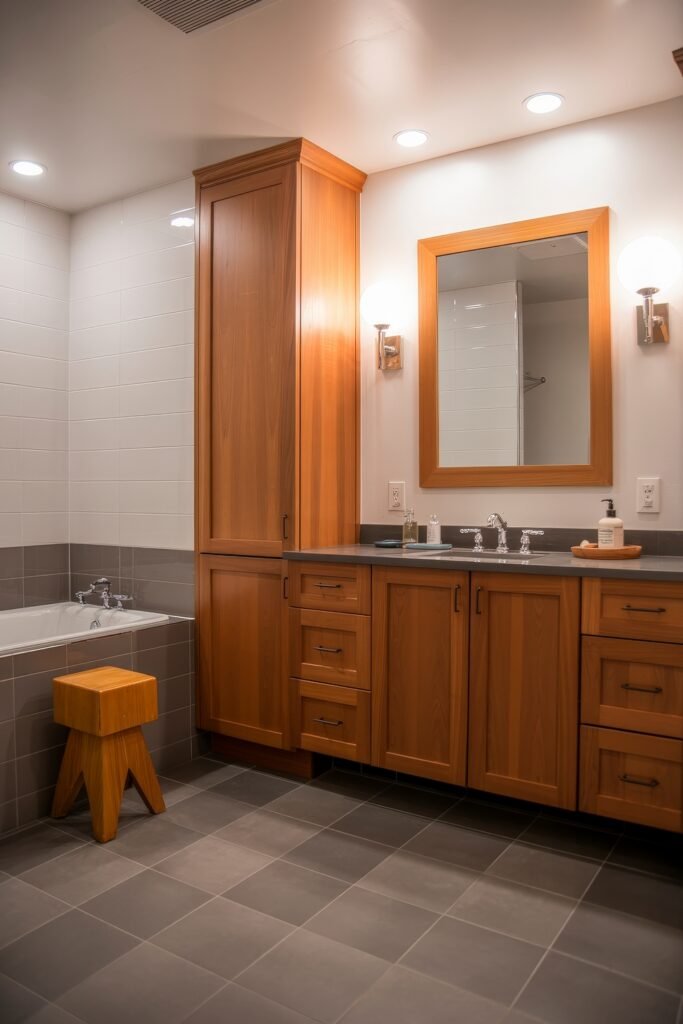 Neutral Bathroom Ideas: Genius Spa-Like Upgrades 16 Spacious bathroom with rich wood cabinetry, gray tile flooring, a white bathtub, and matching wood-framed mirror and sconces, combining warmth with modern functionality.