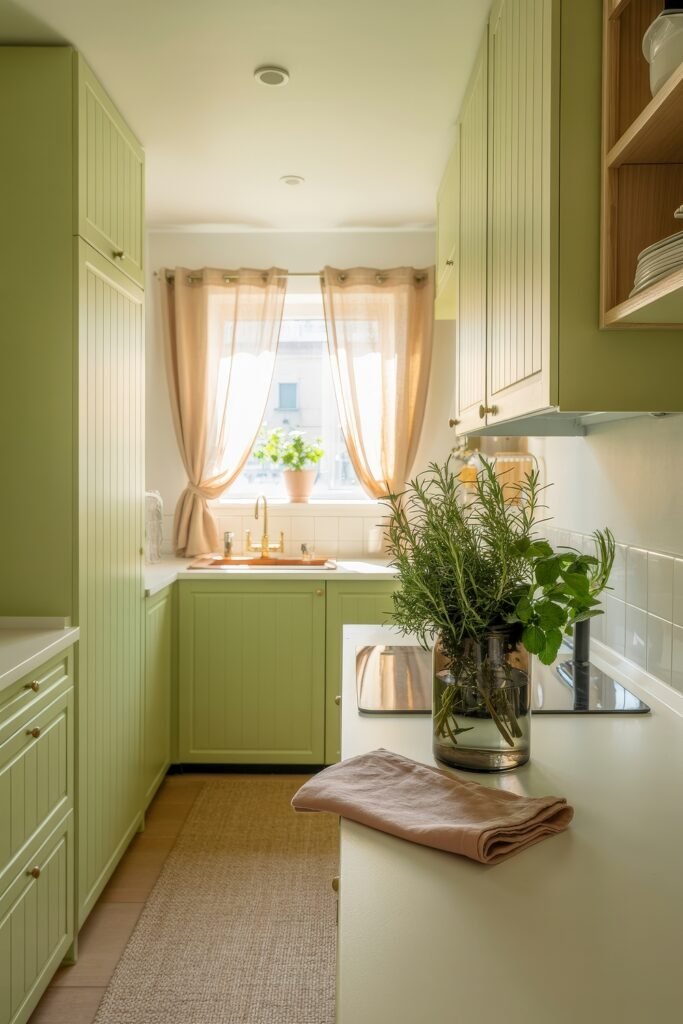 Sage Green Kitchen Bliss: Inspiring Ideas 14 Bright and cozy Sage Green Kitchen with vertical panel cabinets, light countertops, and a central vase of fresh herbs near a sunlit window.