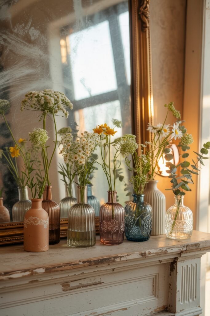 Summer Mantel Decor Tips (Even If You Don’t Have a Fireplace) 15 Vintage mantel with an assortment of glass vases filled with wildflowers and greenery, reflecting soft light.