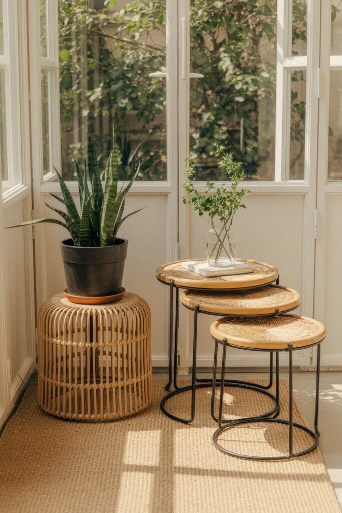 Bright Summer Sunroom Ideas: Airy Decor for Sunny Days 15 Airy sunroom nook with a snake plant, nested wicker side tables, a small glass vase, and sunlit French doors opening to the garden.