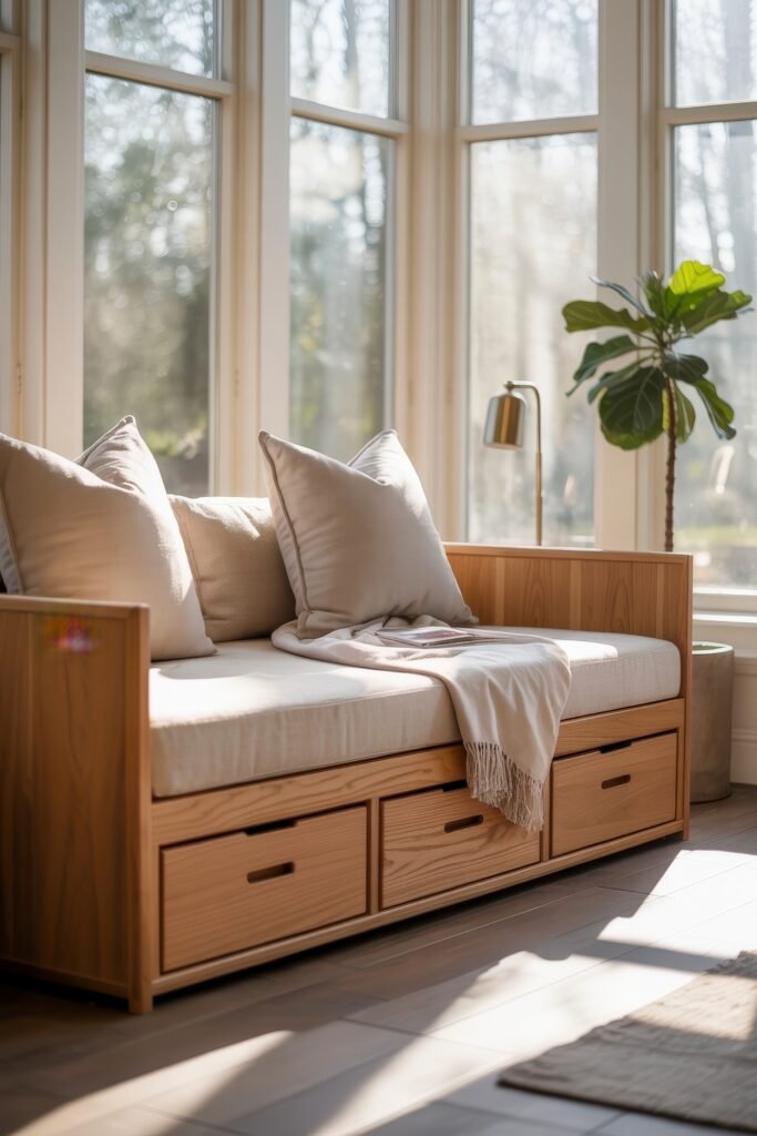 Indoor Sunroom Furniture Ideas for Cozy Winters & Breezy Summers 14 Wooden daybed with storage drawers, neutral cushions, and a beige throw in a sunroom & four-season room.