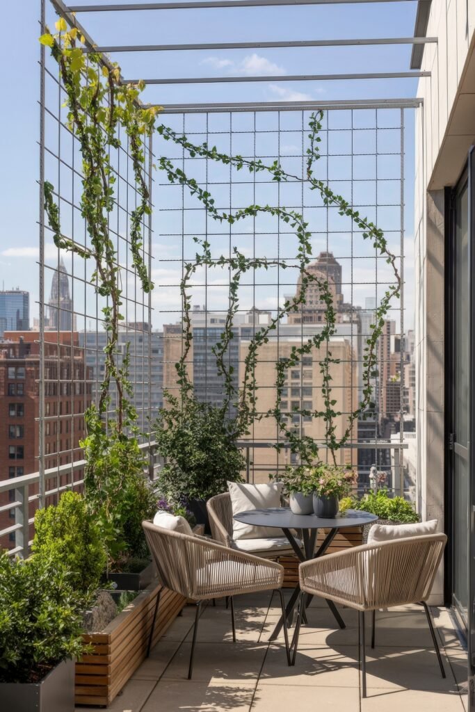 Stylish Rooftop and Terrace Garden Design 18 Chic balcony lounge with vine-covered grid trellis, potted greenery, and cushioned chairs around a black table, blending cityscape views with elegant Balcony & Terrace Gardening.