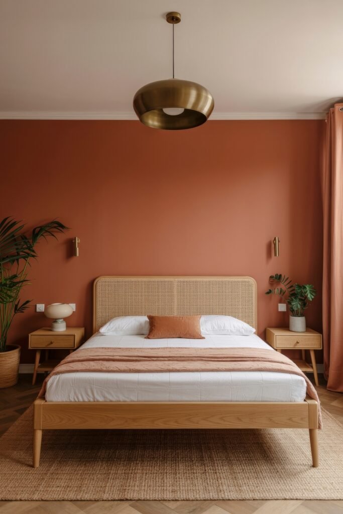 Terracotta Bedroom Ideas: Genius Ways to Glow 14 Balanced and natural space with a terracotta feature wall, rattan headboard, white and blush bedding, rust-toned throw, and matching nightstands topped with greenery and a sculptural lamp.