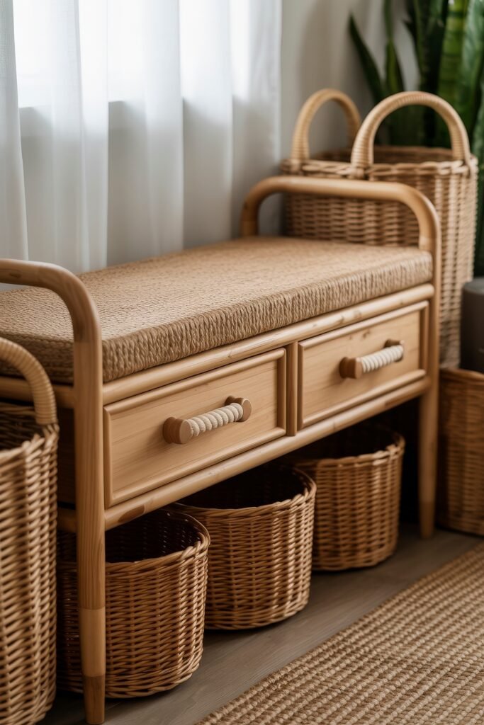 Coastal Summer Vibes for City Apartments 20 Woven bench with rope drawer pulls and wicker baskets, perfect for relaxed coastal summer decor.