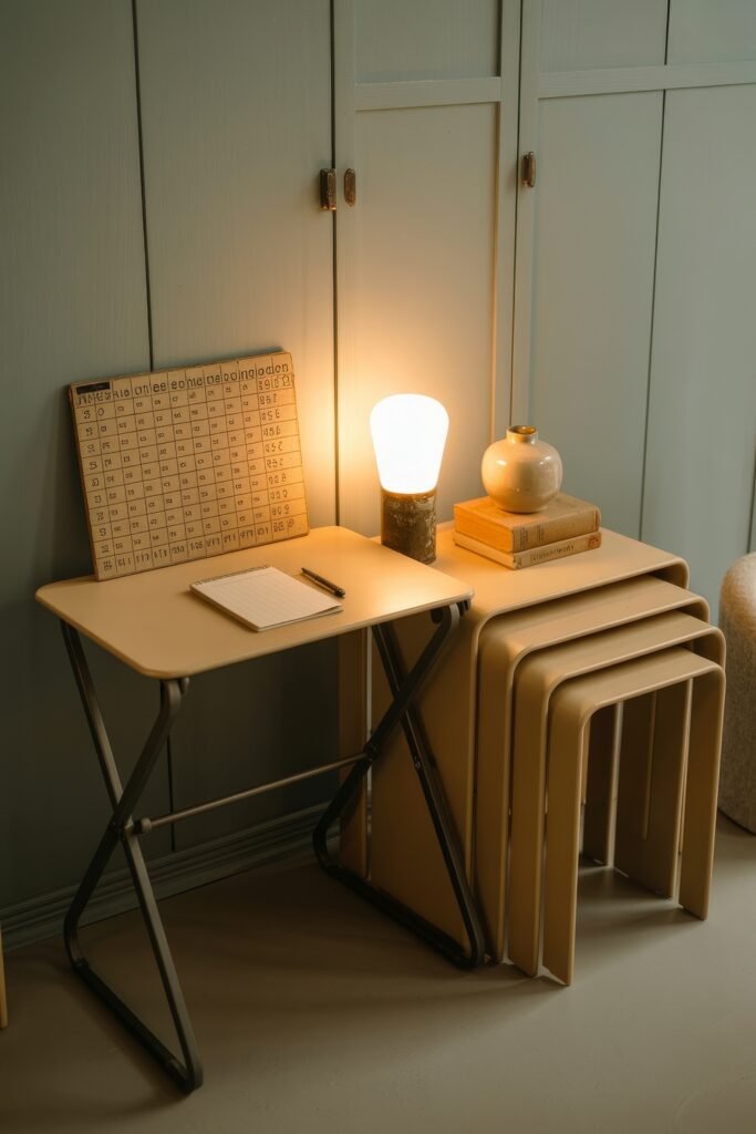 First Apartment Checklist: Essential Tips You’ll Love 15 Small desk and nesting table set with a notepad, glowing lamp, ceramic vase, and a vintage bingo board—functional workspace that fits well on a first apartment checklist.