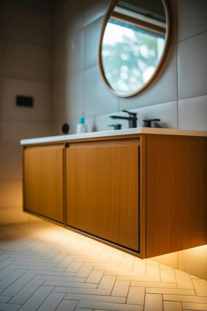 Neutral Bathroom Ideas: Genius Spa-Like Upgrades 17 Contemporary bathroom vanity with a floating wooden cabinet, white countertop, matte black fixtures, round wood-framed mirror, and under-cabinet lighting casting a warm glow on herringbone tile flooring.