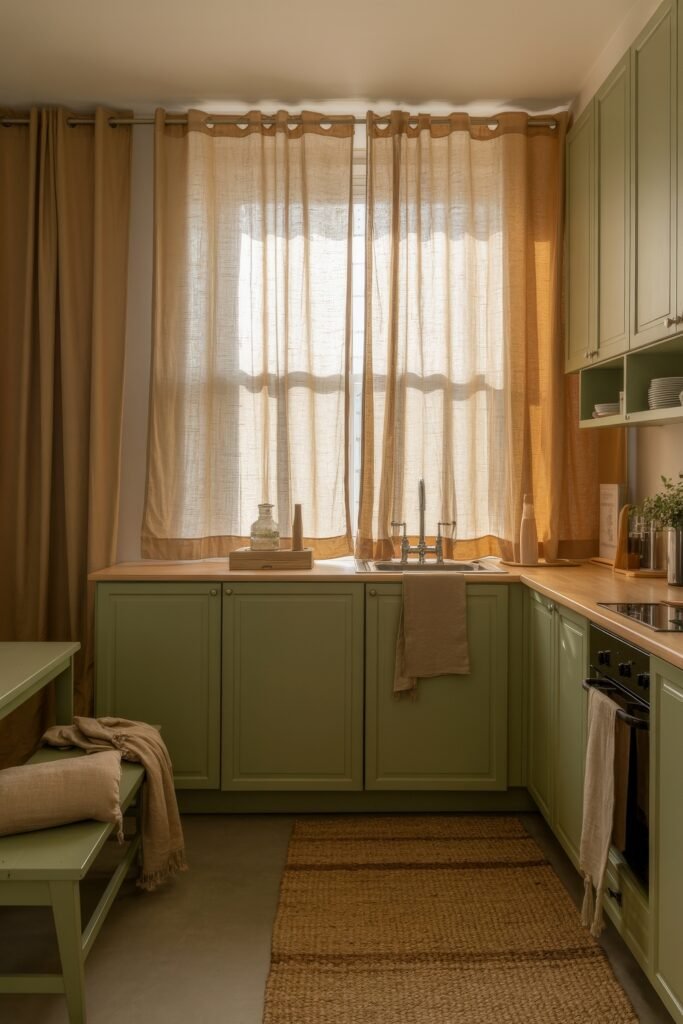 Sage Green Kitchen Bliss: Inspiring Ideas 15 Warm-toned Green-Themed Kitchen with natural fiber rug, peach-toned curtains, and wood countertops creating a soft, inviting ambiance.