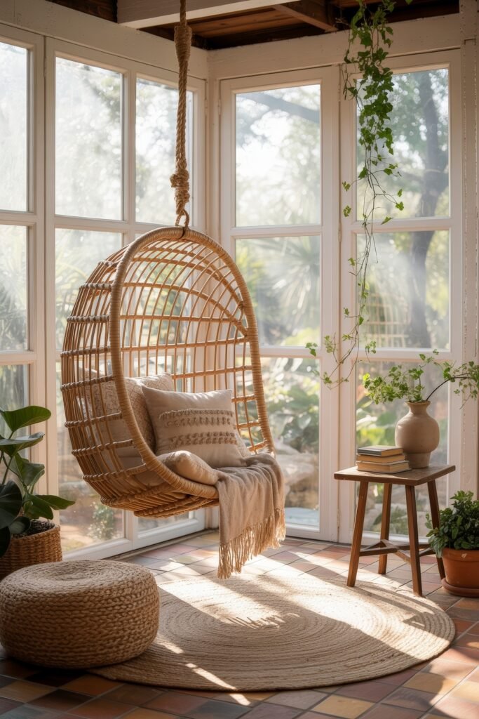 Bright Summer Sunroom Ideas: Airy Decor for Sunny Days 16 Boho summer sunroom with a hanging wicker chair, textured pillows, cozy throw, round jute rug, and trailing plants for a relaxed vibe.