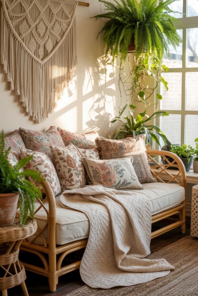 Indoor Sunroom Furniture Ideas for Cozy Winters & Breezy Summers 15 Rattan loveseat with patterned pillows, quilted throw, and surrounding ferns in a sunroom.