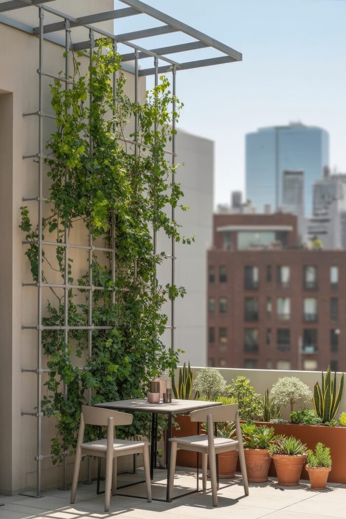 Stylish Rooftop and Terrace Garden Design 19 Compact terrace with a vertical trellis of green vines, a small dining set, and a mix of succulents and leafy potted plants, offering practical terrace garden ideas.