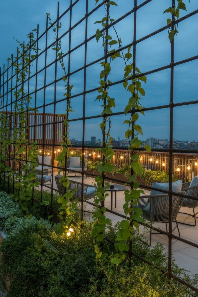 Stylish Rooftop and Terrace Garden Design 20 Rooftop garden at dusk with trailing vines on a tall metal grid, warm string lights, and intimate seating, highlighting cozy Balcony & Terrace Gardening ambiance.