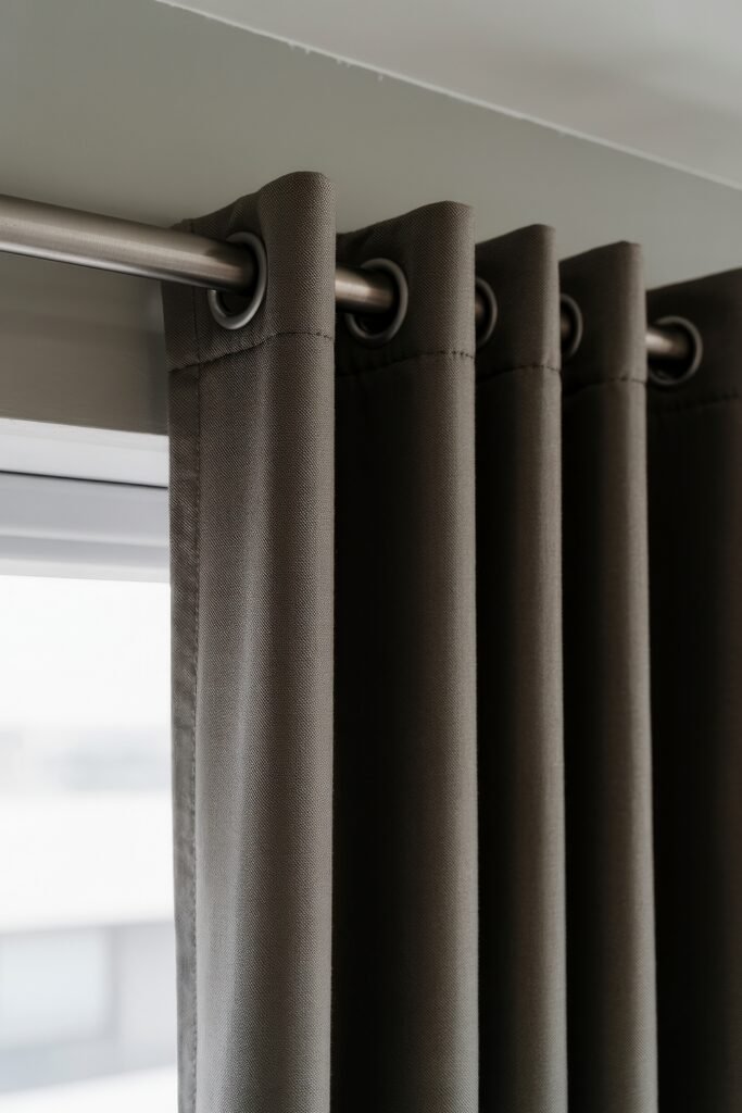 Bedroom Essentials for Your First Apartment: 12 Genius Must-Haves 14 Close-up of dark gray grommet curtains hanging from a silver curtain rod, emphasizing functional window treatments for bedroom essentials for first apartment.