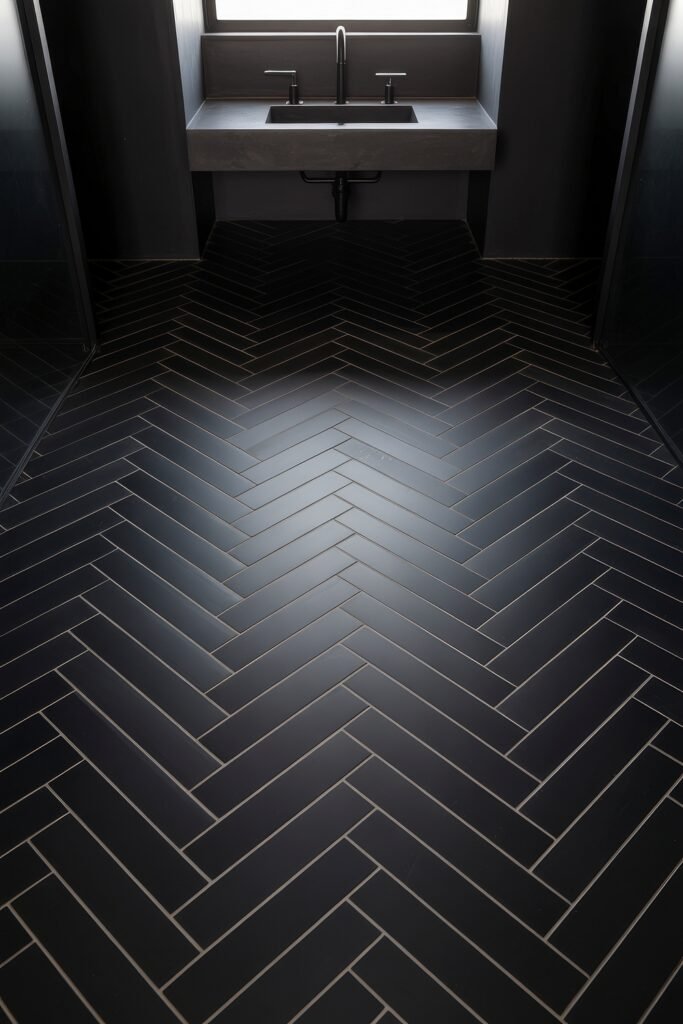 Black Bathroom Ideas: Genius Ways to Create Moody Glam 14 Striking herringbone black tile floor leading to a floating matte black vanity with a streamlined sink, embodying cutting-edge style in Black Bathroom Ideas.