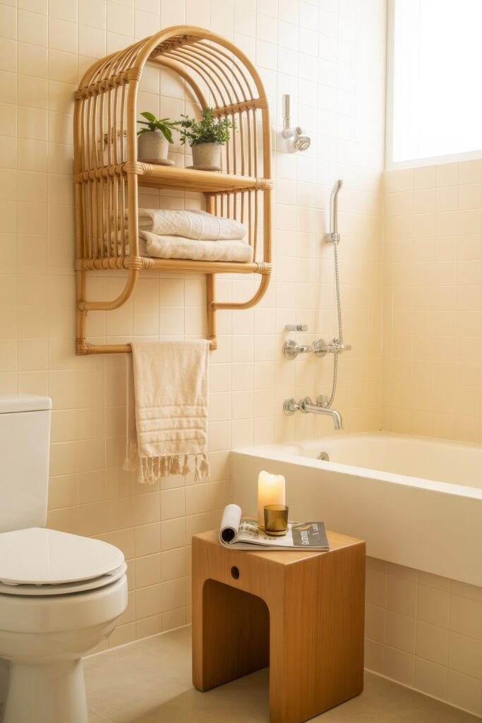 Cream Bathroom Ideas: Genius Ways to Warm Up Your Space 17 Relaxing cream-tiled bathroom with bamboo shelving above the tub, soft textiles, and a small wooden stool with a candle, showcasing cozy Cream Bathroom Ideas with natural materials.