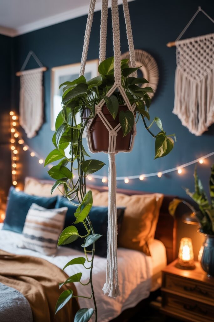 Dark Boho Bedroom Ideas: Unexpected Tricks for Cozy Drama 16 Hanging macrame plant holder with a trailing vine in the foreground, set against a Bohemian bedroom with navy walls, string lights, and warm-toned pillows.