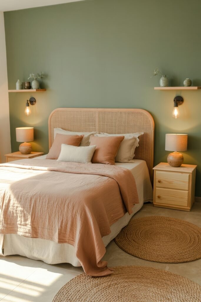 Earthy Bedroom Ideas: 12 Essential Ways to Elevate Your Space 16 Warm bedroom with sage green walls, woven round rugs, peach-toned bedding, and a rattan headboard framed by matching wood nightstands and soft lighting.