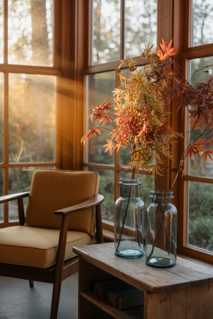 Cozy Fall Sunroom Ideas: Autumn Decor for a Warm Retreat 16 Sunlit four-season room with a mustard yellow chair and vases of autumn branches on a rustic wooden table.