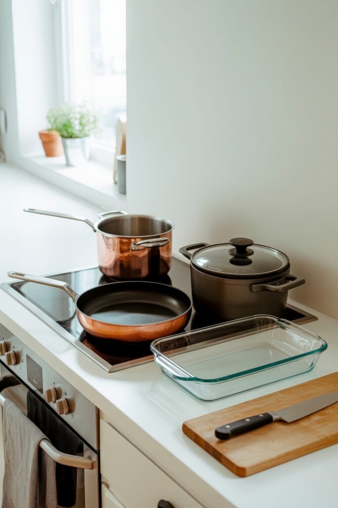 First Apartment Checklist: Essential Tips You’ll Love 16 Kitchen stove area with essential cookware including a saucepan, frying pan, Dutch oven, glass baking dish, and chopping board—key items for any First Apartment Planning kit.