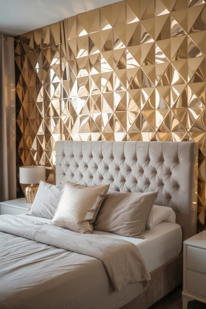 Glam Bedroom Décor: Essential Tips for Luxe Sleep 15 Luxury Master Bedroom with a tufted headboard, champagne bedding, and a bold geometric gold accent wall that enhances the space’s glamour and depth.