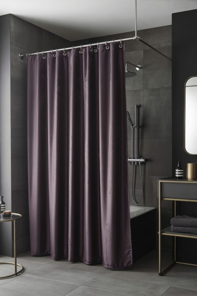Gothic Bathroom Ideas: Genius Touches for Moody Glam 19 Contemporary bathroom with charcoal gray tiles and a glossy aubergine shower curtain, styled with minimalist decor and gold accents, fitting a refined Dark & Moody Bathroom Theme.