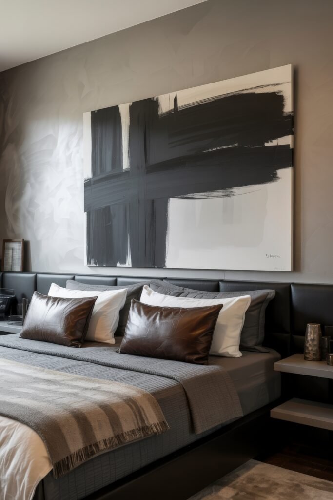 Masculine Luxury Bedroom: Genius Luxe Ideas 20 Modern masculine bedroom with abstract black and white artwork, a leather-upholstered headboard, dark gray bedding, and brown leather accent pillows.