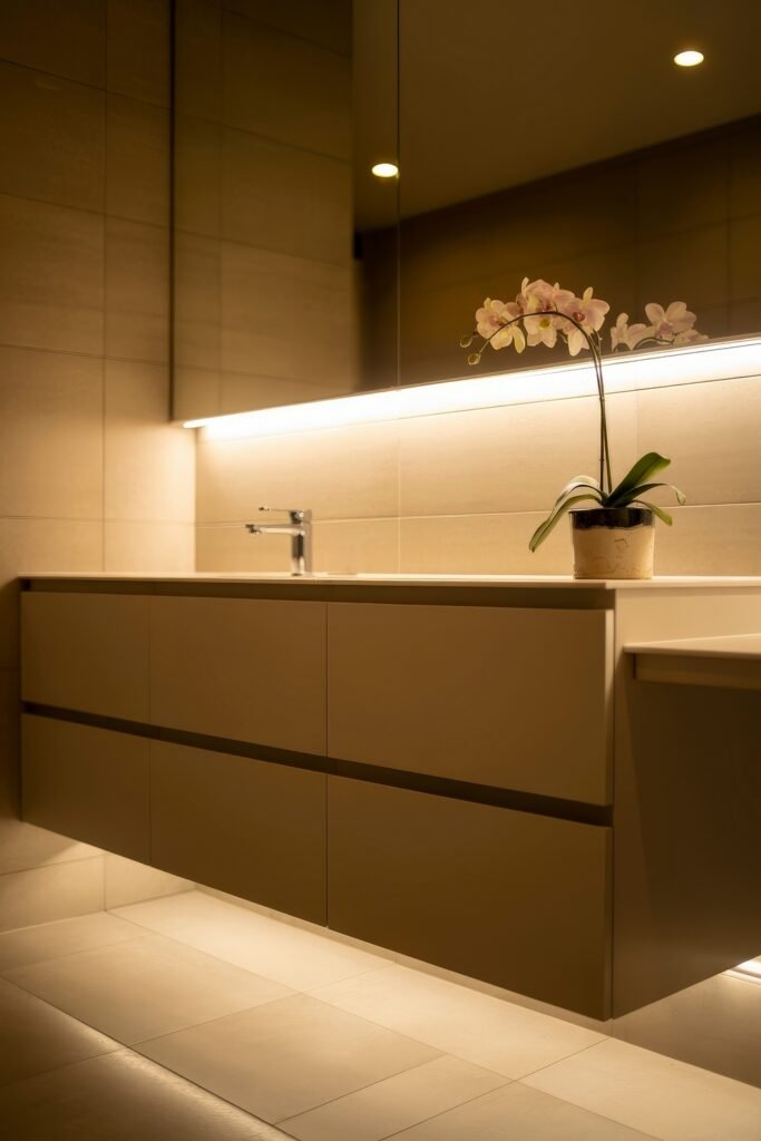 Neutral Bathroom Ideas: Genius Spa-Like Upgrades 18 Minimalist floating vanity with a warm beige tone, linear cabinet design, recessed lighting beneath and behind the mirror, and a potted orchid adding a soft natural accent.