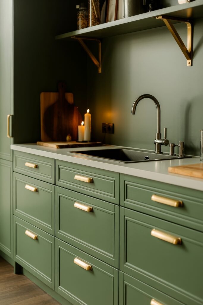 Sage Green Kitchen Bliss: Inspiring Ideas 16 Moody Sage Green Kitchen with gold hardware, matte black sink, and lit candles adding a cozy, intimate atmosphere.
