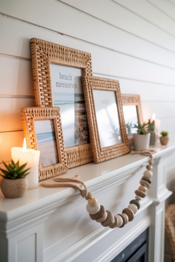 Summer Mantel Decor Tips (Even If You Don’t Have a Fireplace) 16 White mantel with woven rattan frames, beach-themed photos, succulents, candles, and a natural wood garland for summer mantel decor.