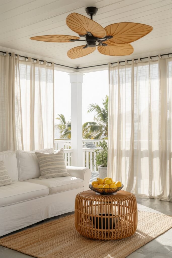 Bright Summer Sunroom Ideas: Airy Decor for Sunny Days 17 Tropical-inspired sunroom with a white sofa, striped pillows, a rattan coffee table with lemons, sheer curtains, and a ceiling fan with palm leaf blades.