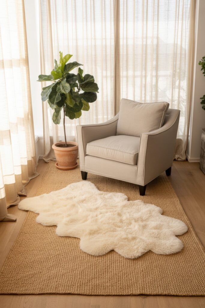 Indoor Sunroom Furniture Ideas for Cozy Winters & Breezy Summers 16 Beige armchair beside a fluffy white rug and potted fiddle leaf fig in a sunroom & four-season room.