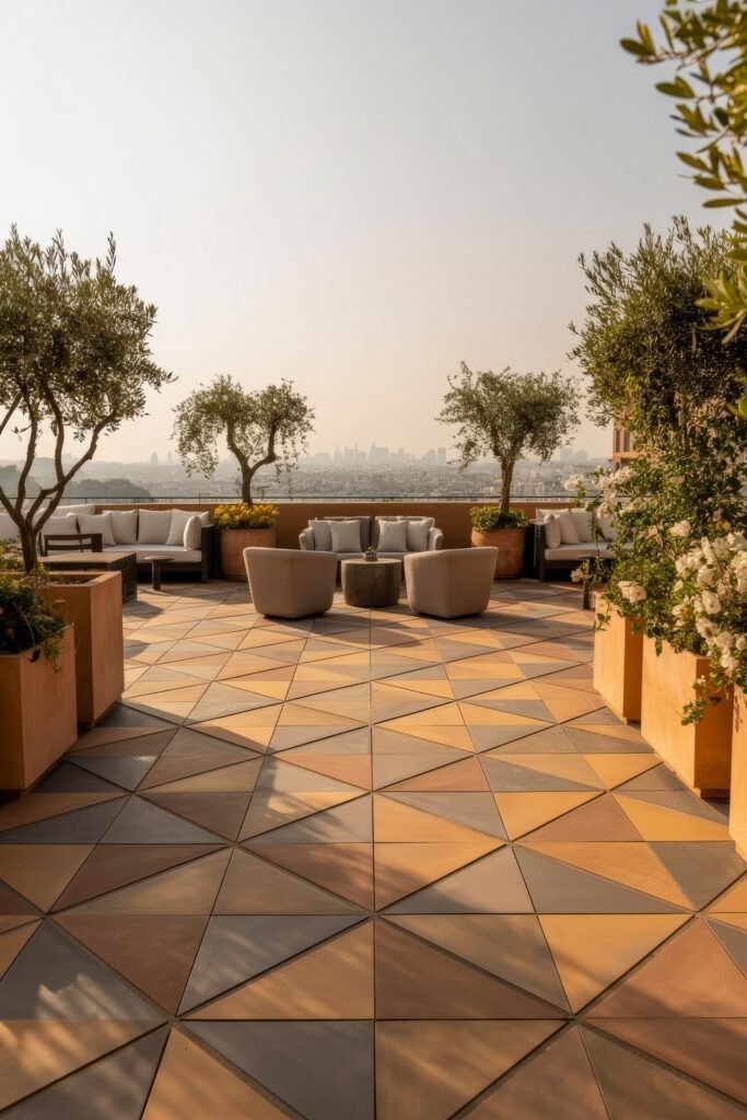 Stylish Rooftop and Terrace Garden Design 21 Expansive rooftop with geometric tiled flooring, olive trees in terracotta planters, and multiple seating areas, a luxurious approach to terrace garden ideas.