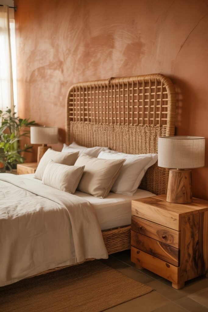 Terracotta Bedroom Ideas: Genius Ways to Glow 15 Cozy bedroom with a textured terracotta wall, woven headboard, beige bedding, and chunky wood nightstands, evoking warm Bohemian & Earth-Toned Bedrooms.