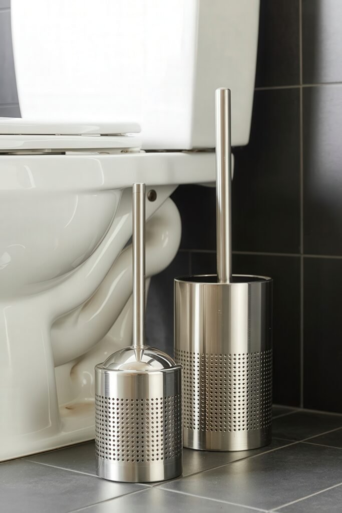 Bathroom Essentials for First Apartment: Genius Must-Haves 16 Pair of stainless steel toilet brush and plunger sets with perforated canisters placed beside a toilet on dark tiled flooring, balancing utility and modern design.