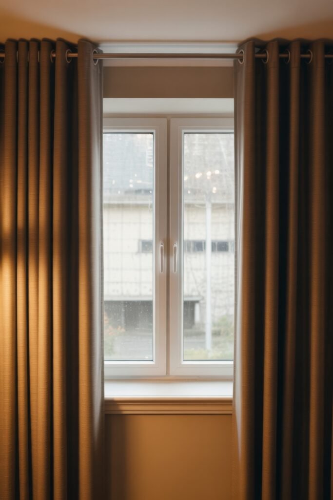 Bedroom Essentials for Your First Apartment: 12 Genius Must-Haves 15 A window framed by fully drawn, heavy beige curtains in a cozy room, helping control light and add privacy—an essential consideration in first apartment planning.