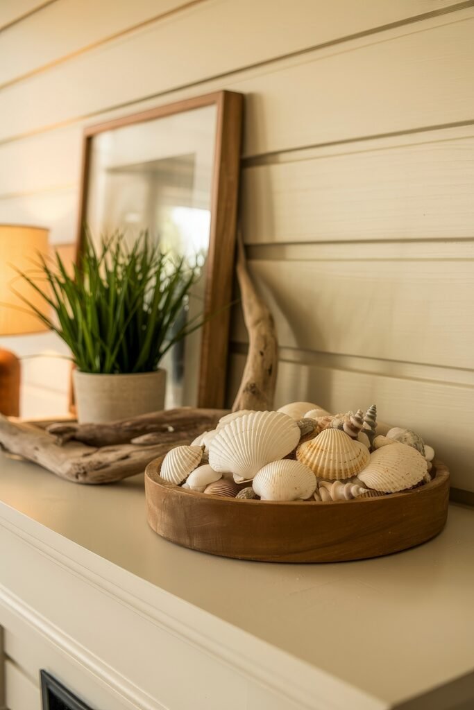 Coastal Summer Vibes for City Apartments 22 Wooden tray with seashells and driftwood decor on a console table, evoking coastal summer decor charm.