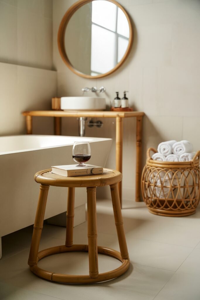 Cream Bathroom Ideas: Genius Ways to Warm Up Your Space 18 Stylish minimalist bathroom with round mirror, bamboo vanity, rolled towels in a wicker basket, and a bamboo stool holding a book and wine glass for a spa-like atmosphere.