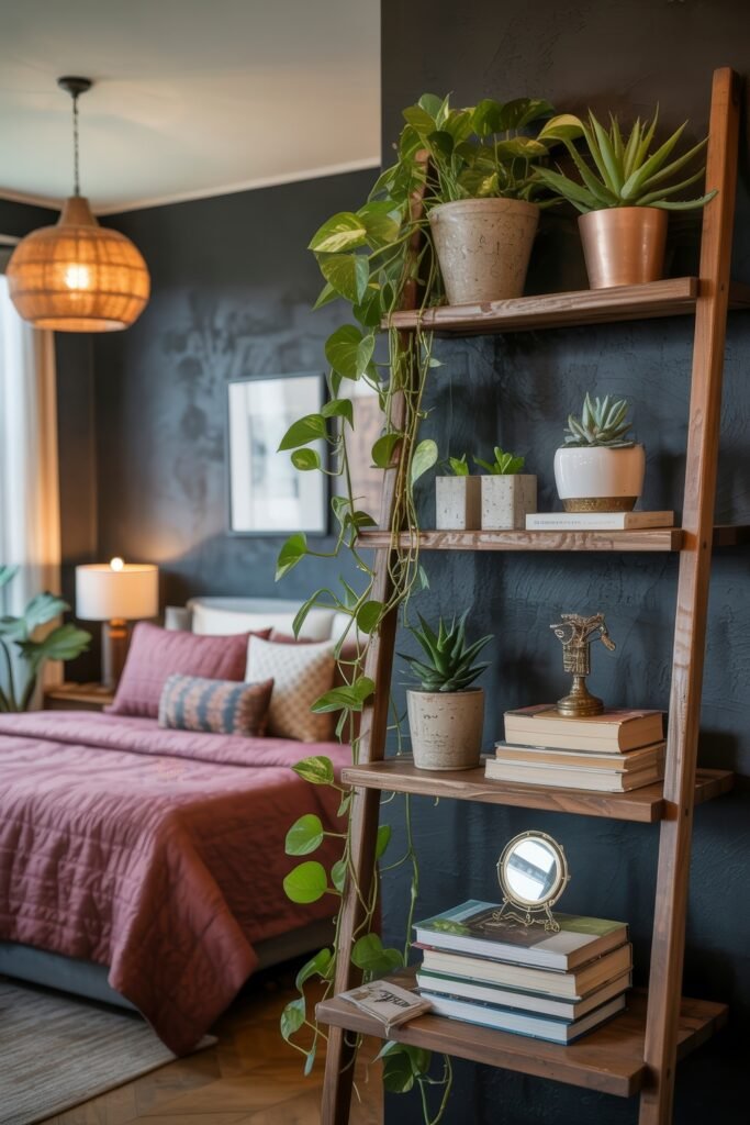 Dark Boho Bedroom Ideas: Unexpected Tricks for Cozy Drama 17 Earth-toned bedroom with a ladder shelf displaying potted plants, books, and decor, against a dark wall beside a bed dressed in muted red and cream bedding.