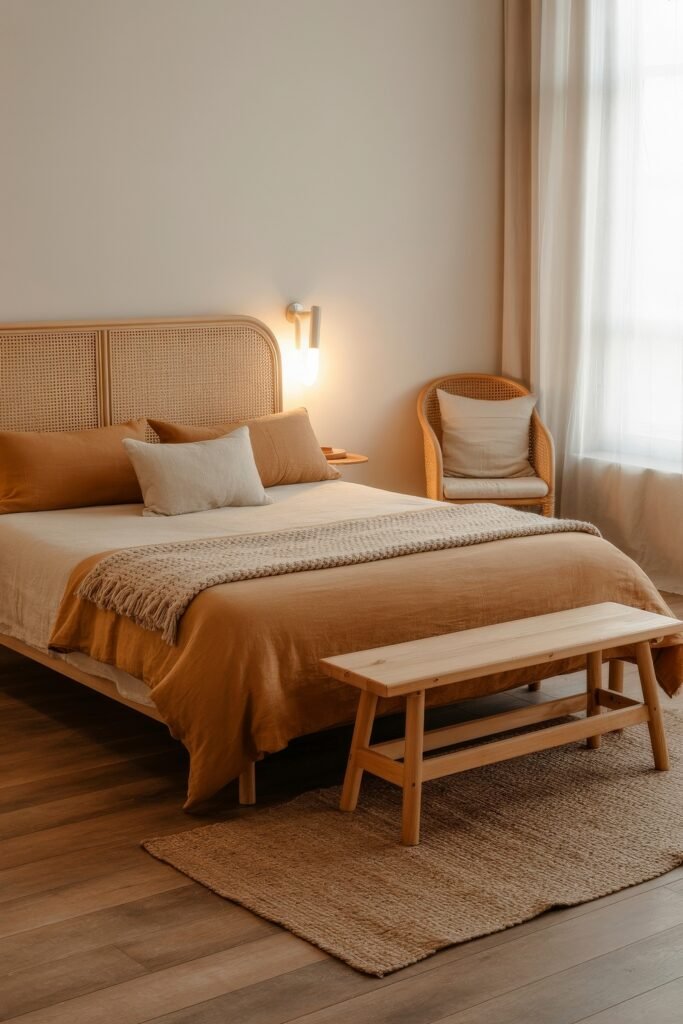 Earthy Bedroom Ideas: 12 Essential Ways to Elevate Your Space 17 Simple Bohemian bedroom with rust bedding, rattan chair and headboard, and a light wood bench on a woven rug, styled with soft white and tan accents.