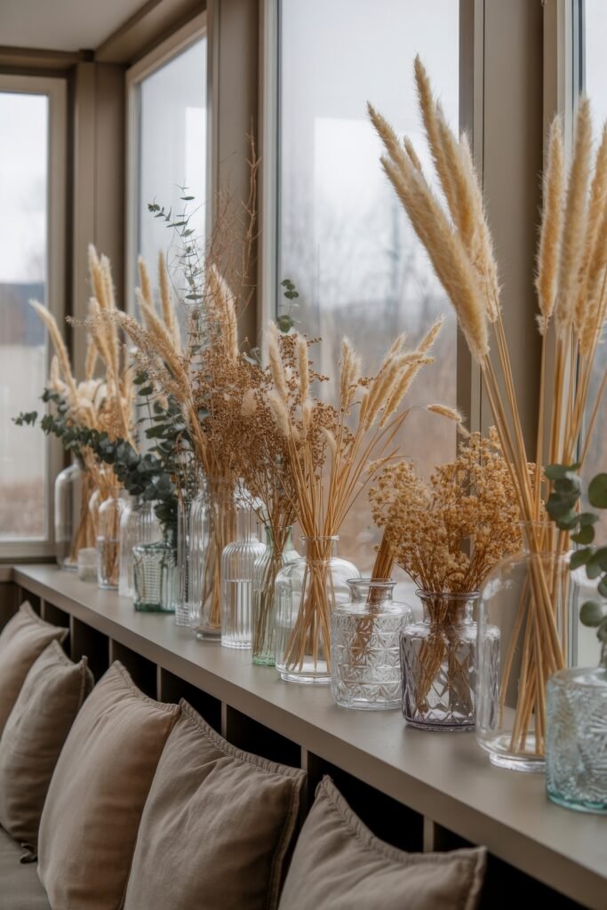 Cozy Fall Sunroom Ideas: Autumn Decor for a Warm Retreat 17 Collection of dried grasses and florals in clear glass vases lined up along a sunroom window ledge with soft pillows below.