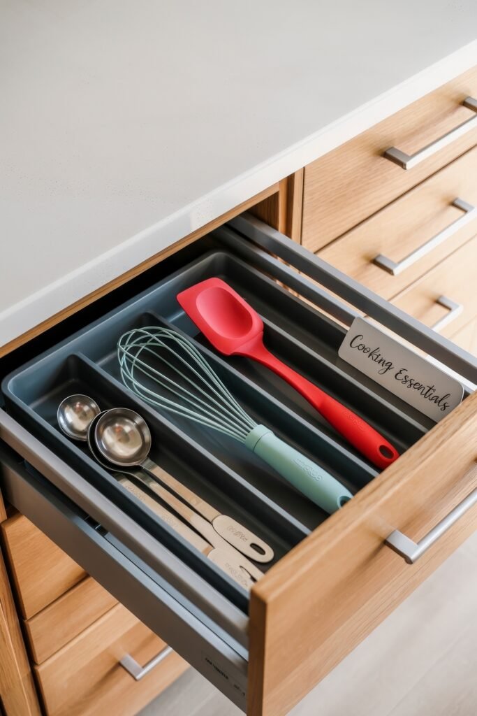 First Apartment Checklist: Essential Tips You’ll Love 17 Organized kitchen drawer labeled “Cooking Essentials” with measuring spoons, whisk, and silicone spatulas—illustrating smart tool selection for a first apartment checklist.