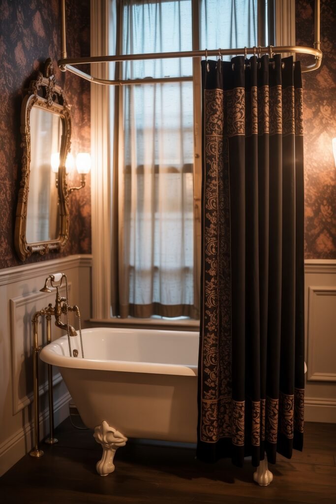 Gothic Bathroom Ideas: Genius Touches for Moody Glam 20 Vintage-inspired bathroom with a clawfoot tub, gold fixtures, a baroque mirror, and black and gold damask shower curtain, richly lit and styled with Gothic Bathroom Ideas in mind.