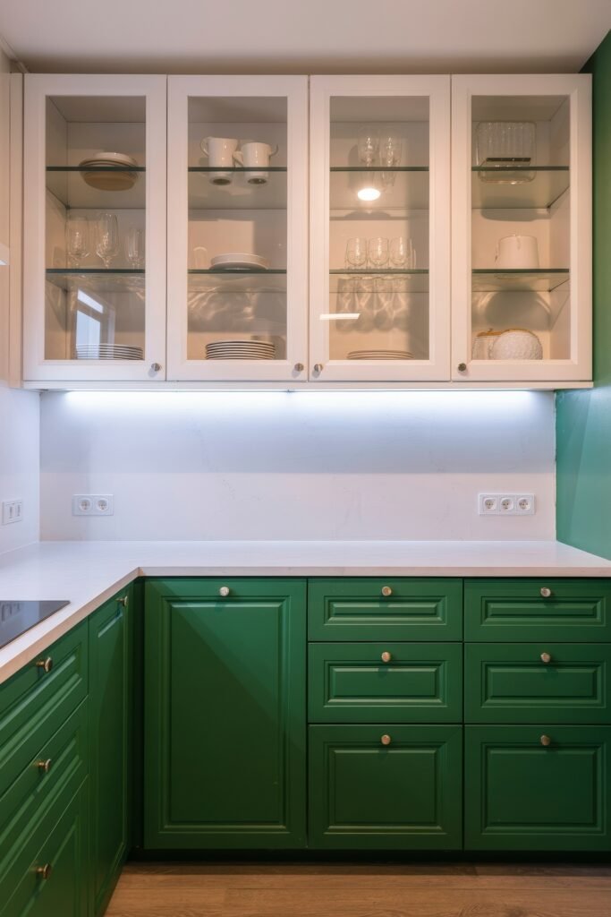 Green Kitchen Cabinets: Stylish Ways to Elevate Style 19 Bright and classic kitchen with vibrant green lower cabinets, white countertops, and upper glass-door cabinets showcasing dishware, accented by soft lighting and wood flooring.