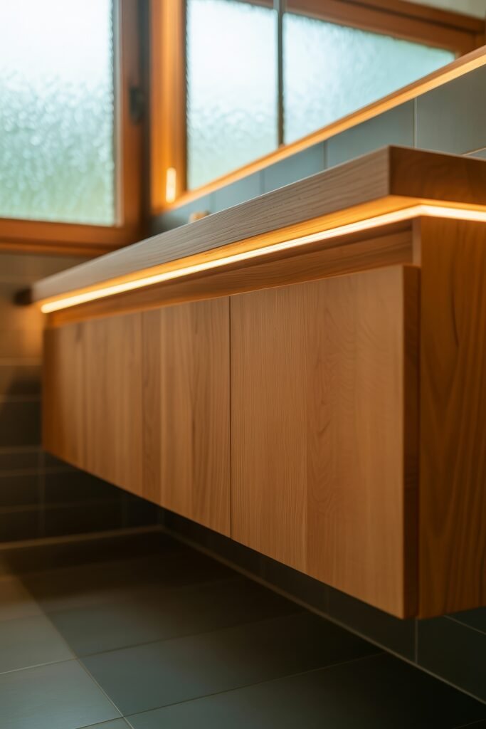 Neutral Bathroom Ideas: Genius Spa-Like Upgrades 19 Bathroom vanity with natural wood cabinetry, frosted windows above, and sleek integrated under-cabinet lighting that emphasizes clean lines and craftsmanship.