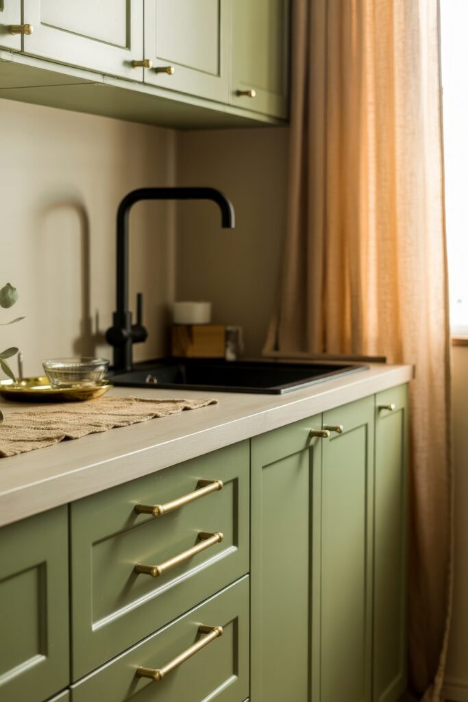 Sage Green Kitchen Bliss: Inspiring Ideas 17 Contemporary kitchen with soft green cabinets, brushed brass hardware, a matte black faucet, and earth-toned curtains.